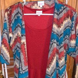 LuLaRoe Nicole dress and Lindsay Kimono